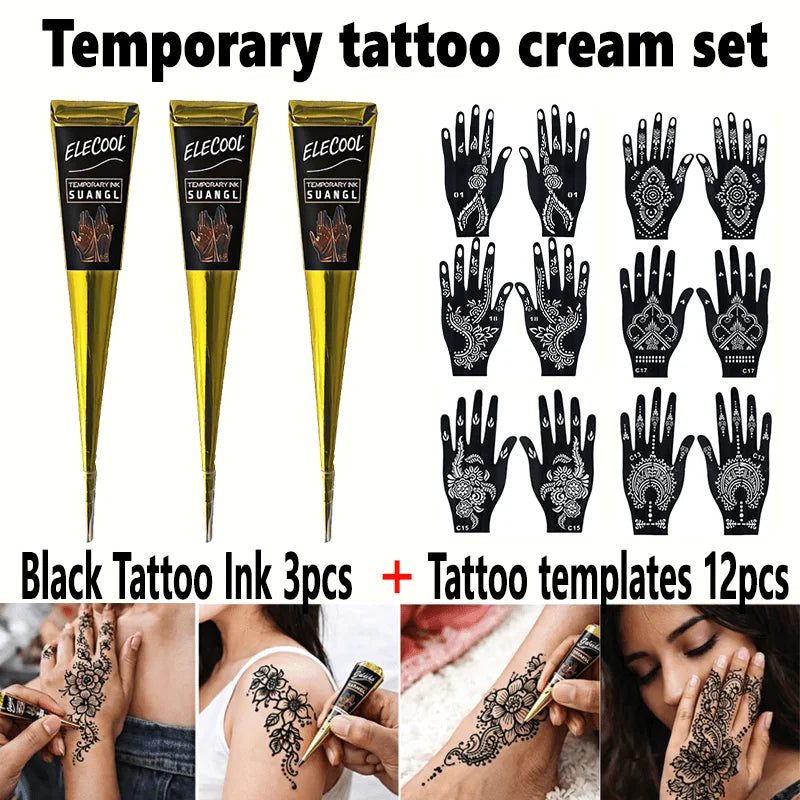 SUANGL Temporary Henna Tattoo Kit 3 Colors Black Brown Red with Stencils for Beginners Professionals Party Gift Set