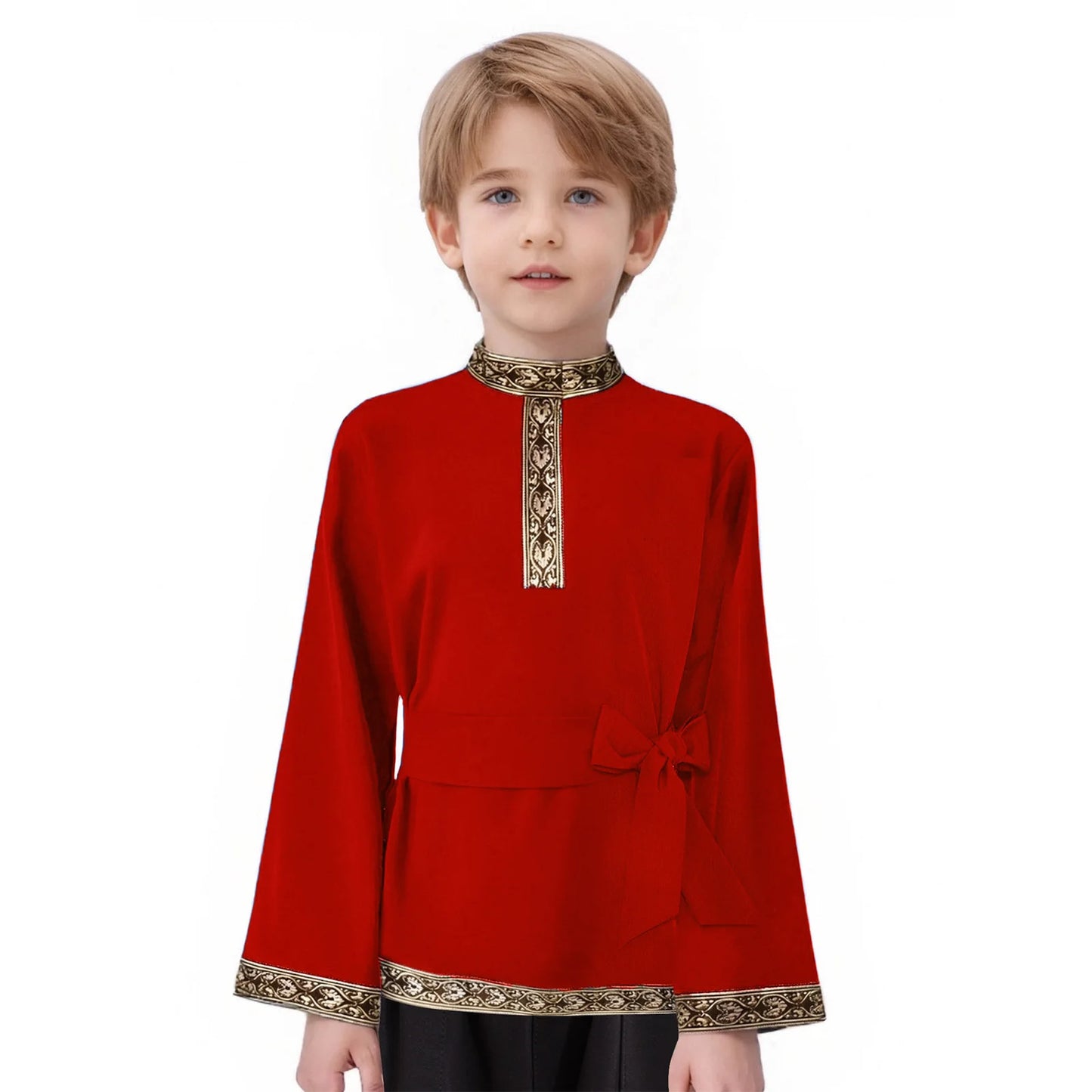 Teen Boys Girls Traditional Russian Folk Costume Halloween Medieval Renaissance Cosplay Fancy Vintage Pattern Shirts with Belt
