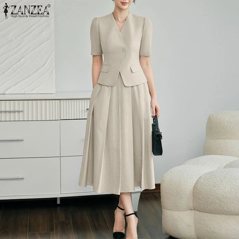 ZANZEA Vintage Outfits Women Fashion Office Dress Sets Solid Shirts A-Line Pleated Maxi Skirts Casual Suits 2025 Matching Sets