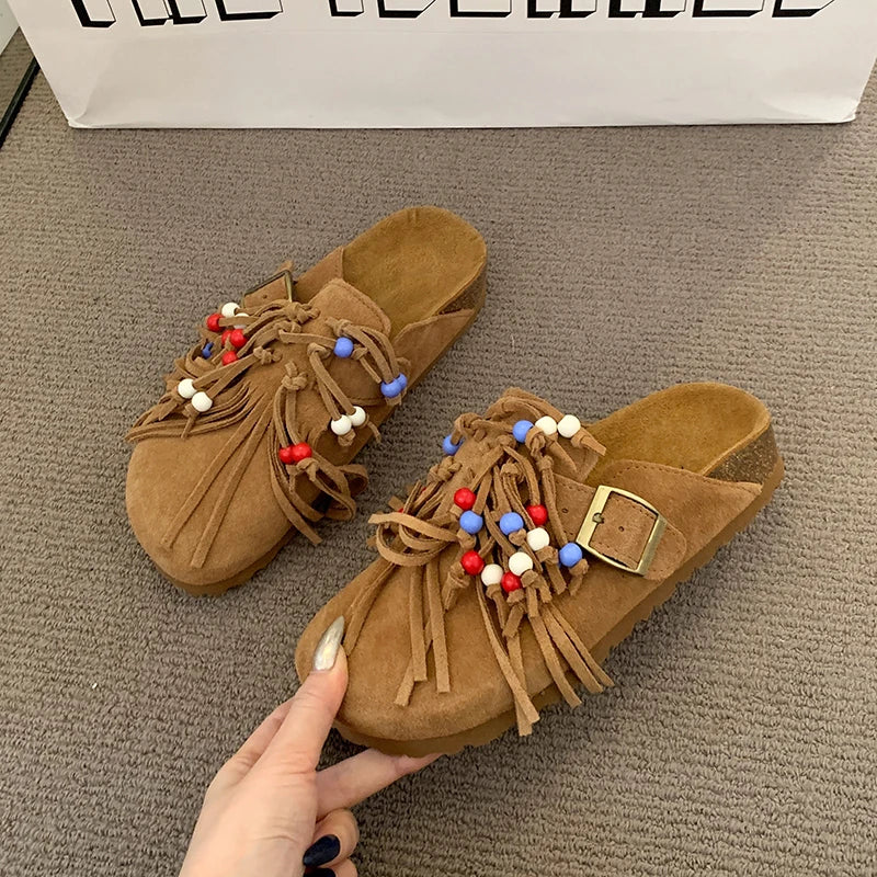 2025 Women Mules Shoes Flats Suede Women's Sandals Fringes Summer Fashion Slippers Walking Dress Cozy