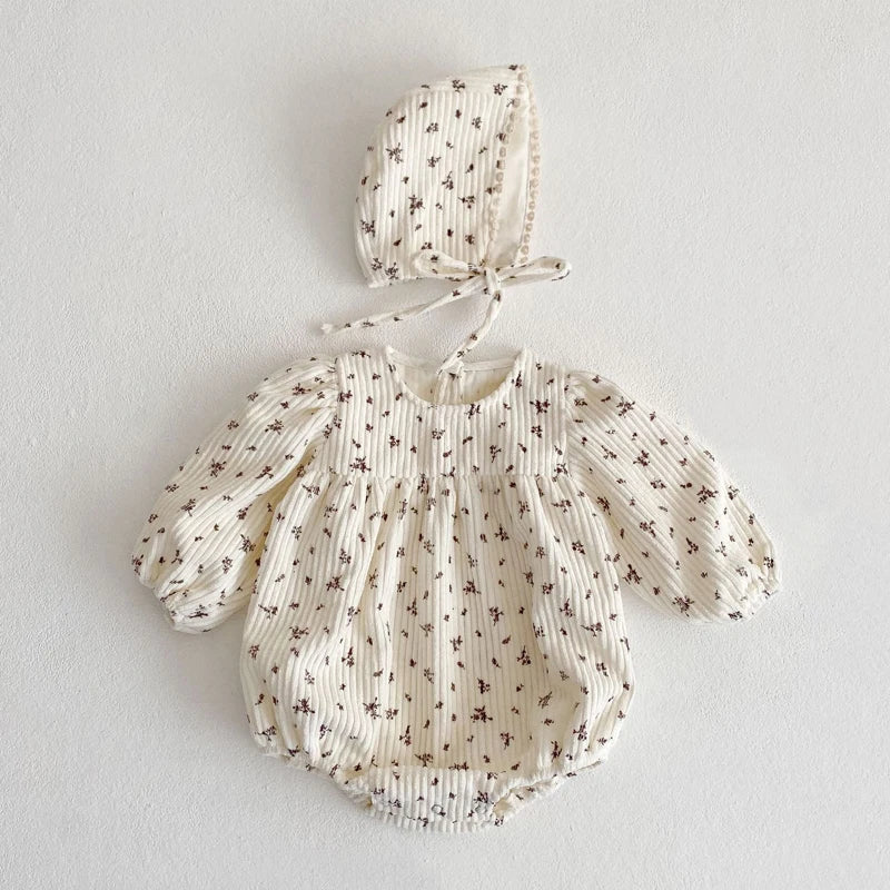 Autumn new style 0-2 years old baby clothing baby girl corduroy bubble sleeves jumpsuit, triangle climbing suit, gift hat