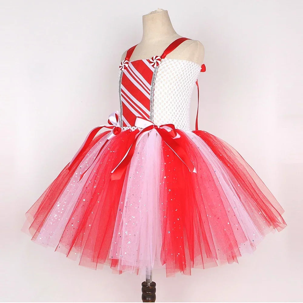 Sparkly Christmas Candy Costumes for Girls White Red Xmas Party Dresses with Bow Socks Kids New Year Tutu Outfit Holiday Clothes