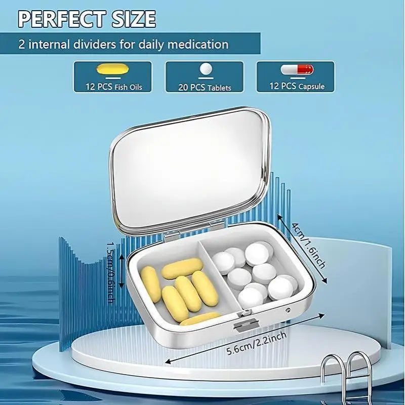 【WA】LUCKY TUNA Sardines Print Metal Pill Box, Portable 2-Compartment Travel Pill Organizer For Vitamins & Pills