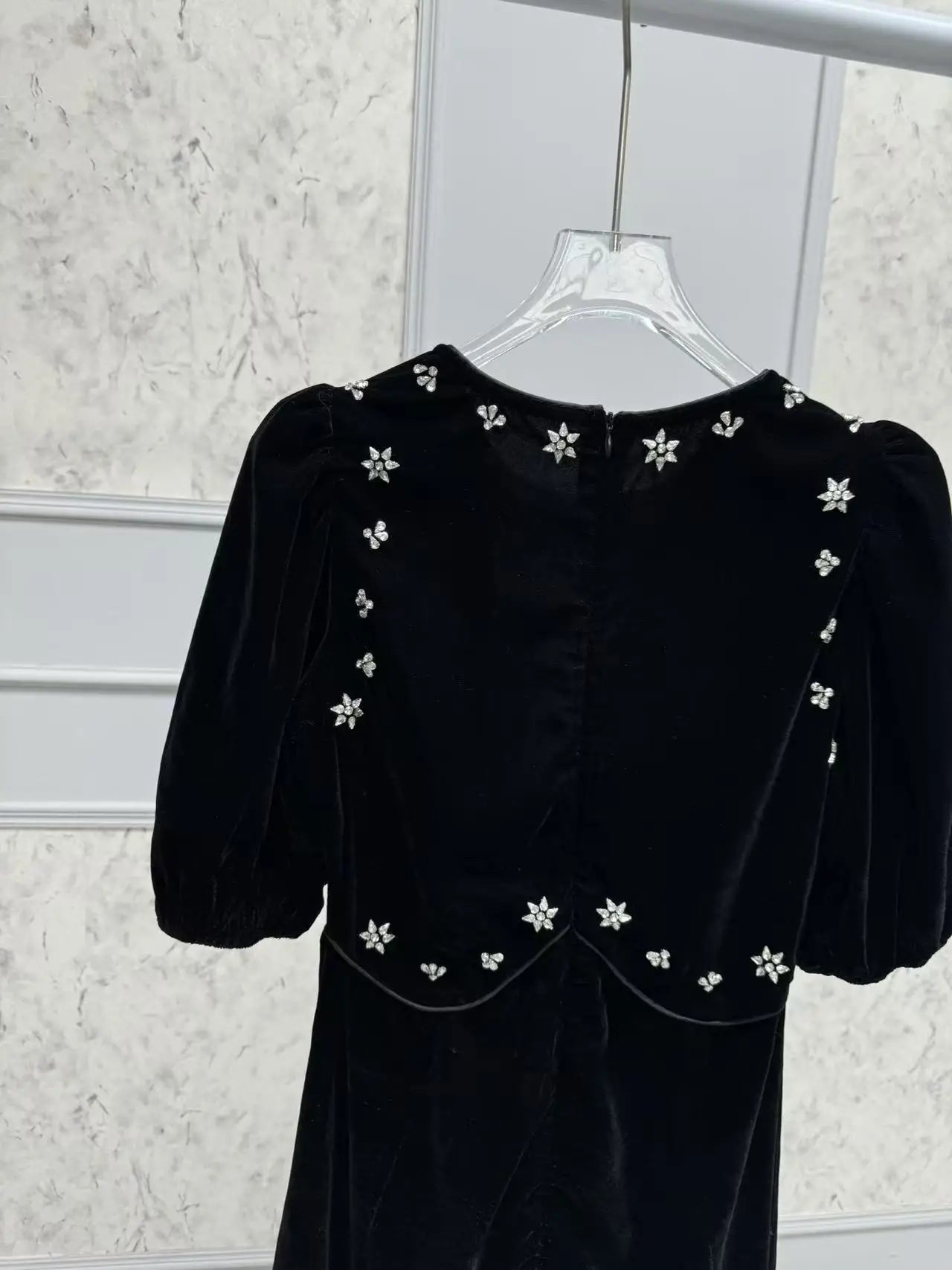 Handmade Nail Beaded Women Velvet Midi Dress Puff Sleeve Slim Waist Female Elegant Evening Dresss Spring Summer