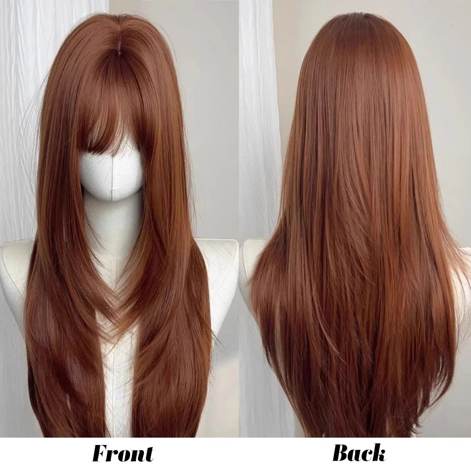Synthetic 30 inch long straight hair wig high-level orange brown full top wig headband suitable for women's daily party wear