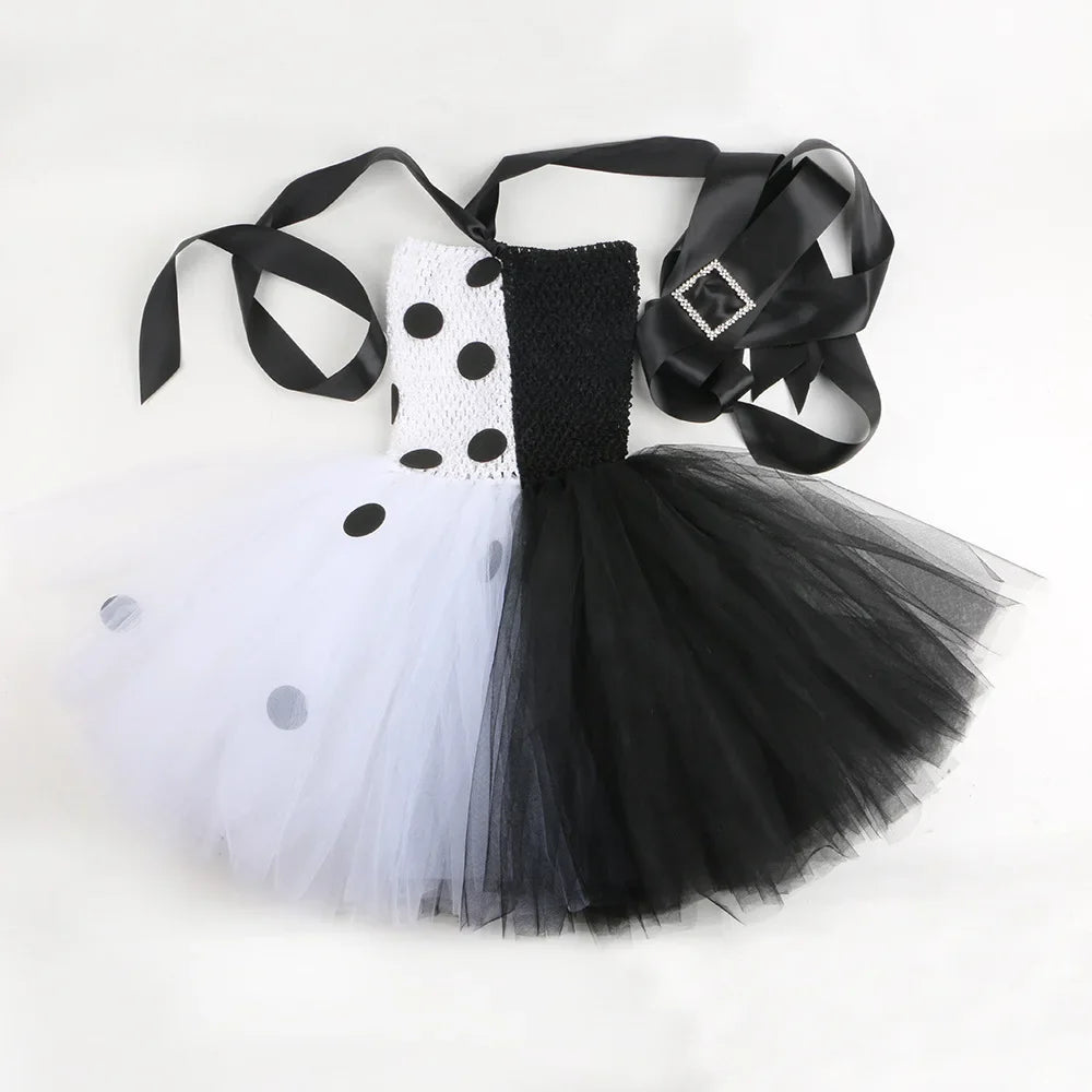 Halloween Crulla Cosplay Costume Cruella Tulle Dress Party Girls Black White Carnival Kids Cruella Wig Lace Mask Suit Clothes