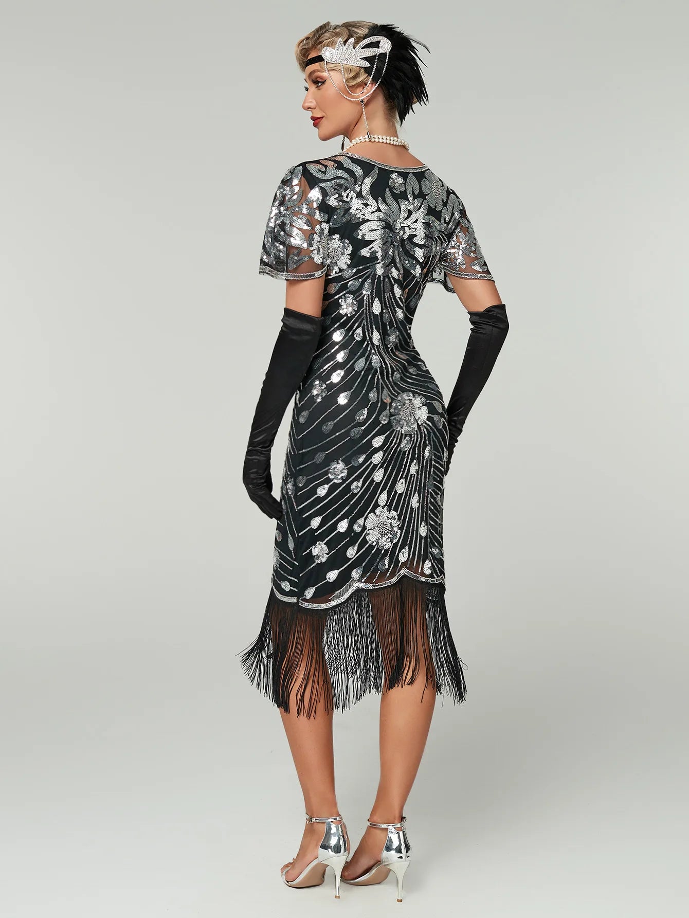 1PC Woment's Elegant Glam 1920s Fringe Sequin Flapper Dress Roaring 20s Gatsby Party Cocktail Dress with Short Sleeves for Women