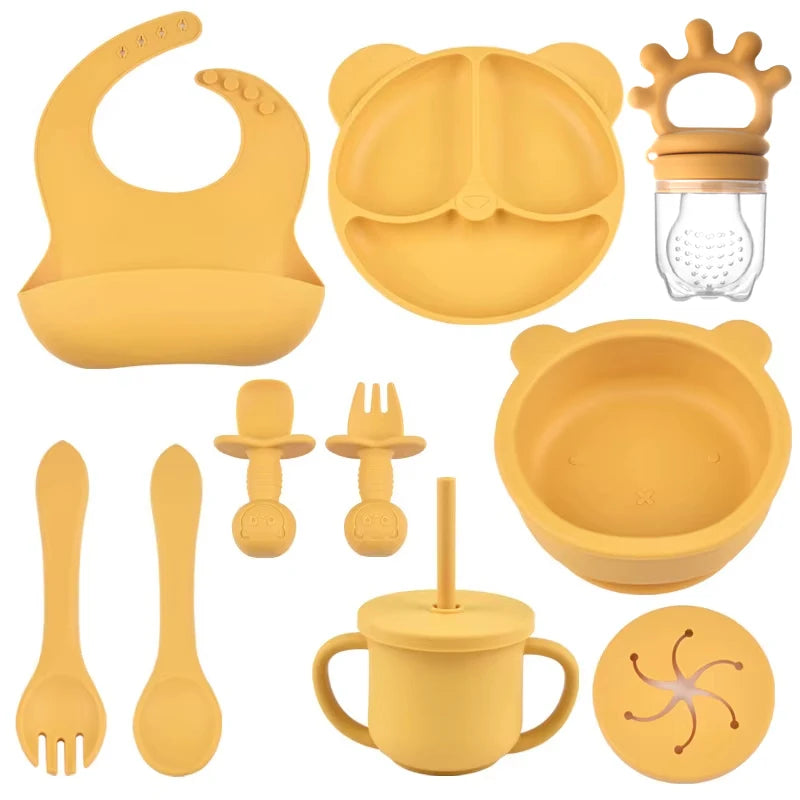 10pcs Children's Silicone Dinner Plate Set Strong Suction Anti-Fall Children's Eating Training Bowl Fork Spoon Feeding Tableware