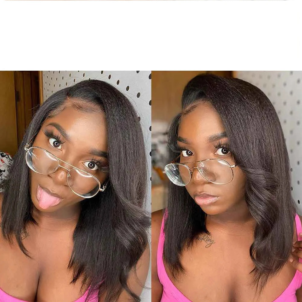 Soft Yaki Straight Preplucked Free Part Short Bob Kinky Straight Synthetic 13x4Lace Front Wig With Baby Hair Glueless Daily