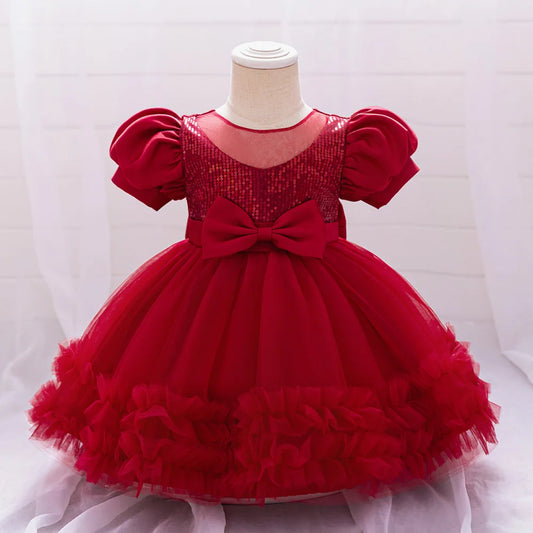 Toddler Sequin Baby Girl Party Dresses Bow Princess Dresses for Girl 1st Birthday Baptism Baby Dress Tutu Lace Wedding Prom Gown