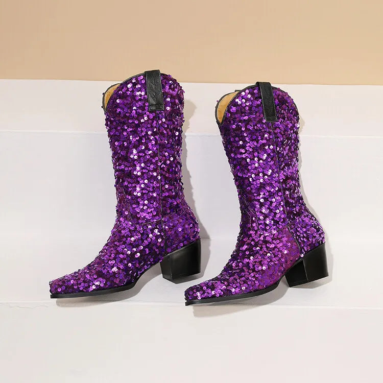 Women Sexy Western Boots Bling Bling Trends Party Chunk Heels Lady Shoes Fashion Pointed Nightclub Female Sequin Mid-Calf Boots