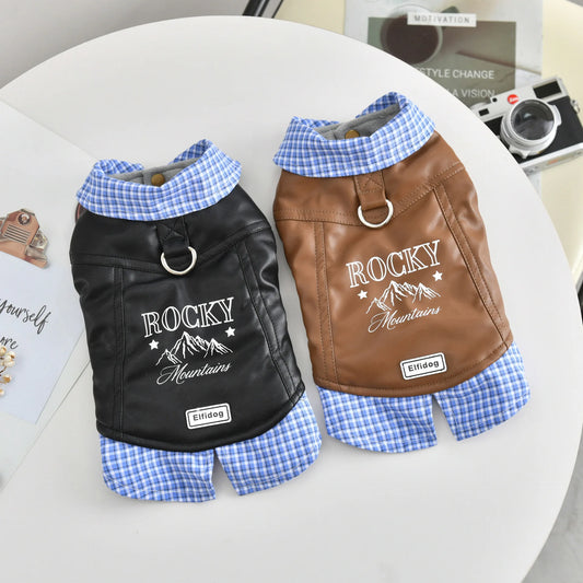 Leather Pitbull Costumes For Small Medium Size Breed Dog With Plaid Shirt Collar Winter Warm Pet Harness Coat Jacket Puppy Wear