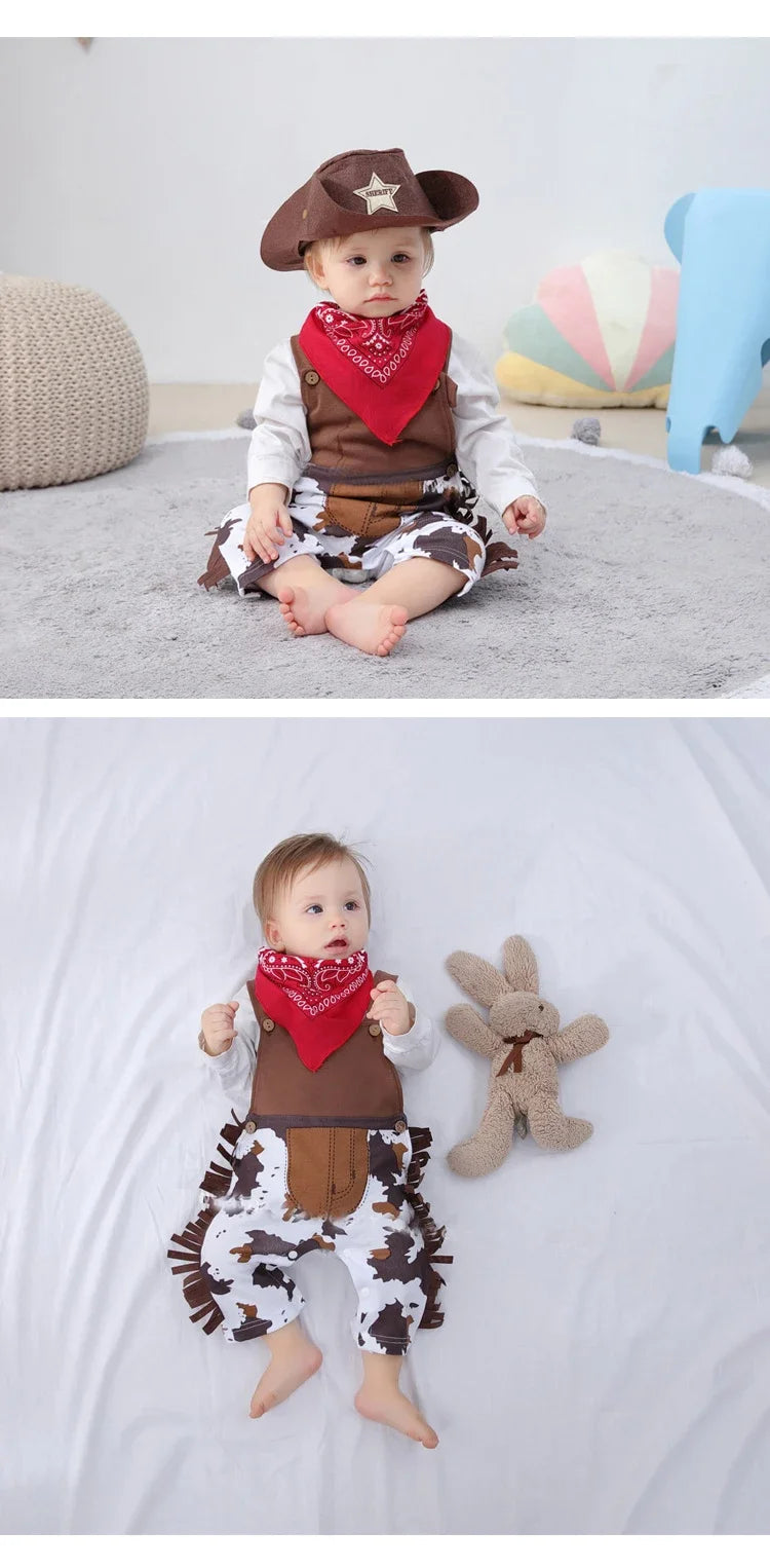 Baby Boys Western Cowboy Romper Sets with Scarf and Hat Toddler Carnival Fancy Dress Cosplay Party Costume Infant Outfitts