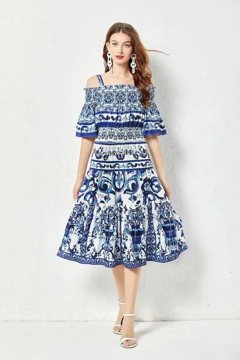 JAMERARY Summer Runway Blue White Porcelain Print Midi Dress Women's Straps Flare Sleeve Elastic Waist Cotton Floral Vestidos