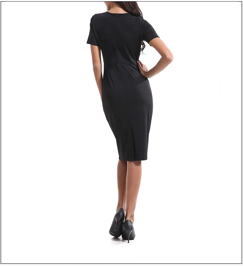 Summer Black Office Lady Dress Women Short Sleeved Dress Elegant Gown O Neck Zipper Fashion Slim Outfit Casual Streetwear