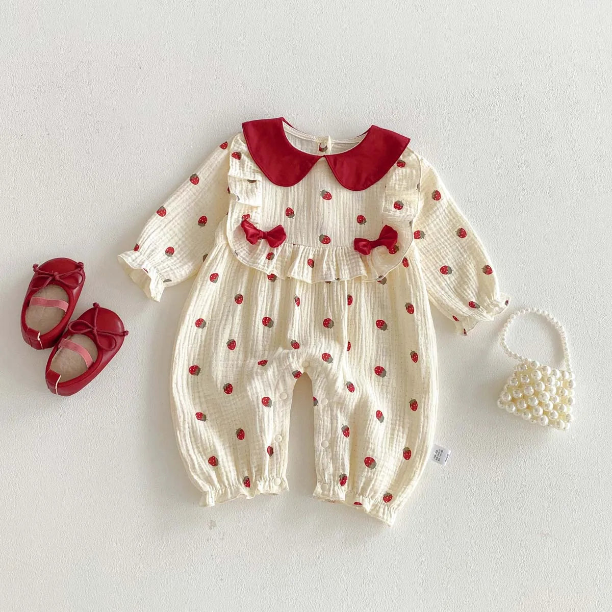 Instagram Spring and Autumn Baby Princess Jumpsuit Baby Girl Cherry Cotton Long Sleeve Jumpsuit, Perfect for Going Out.