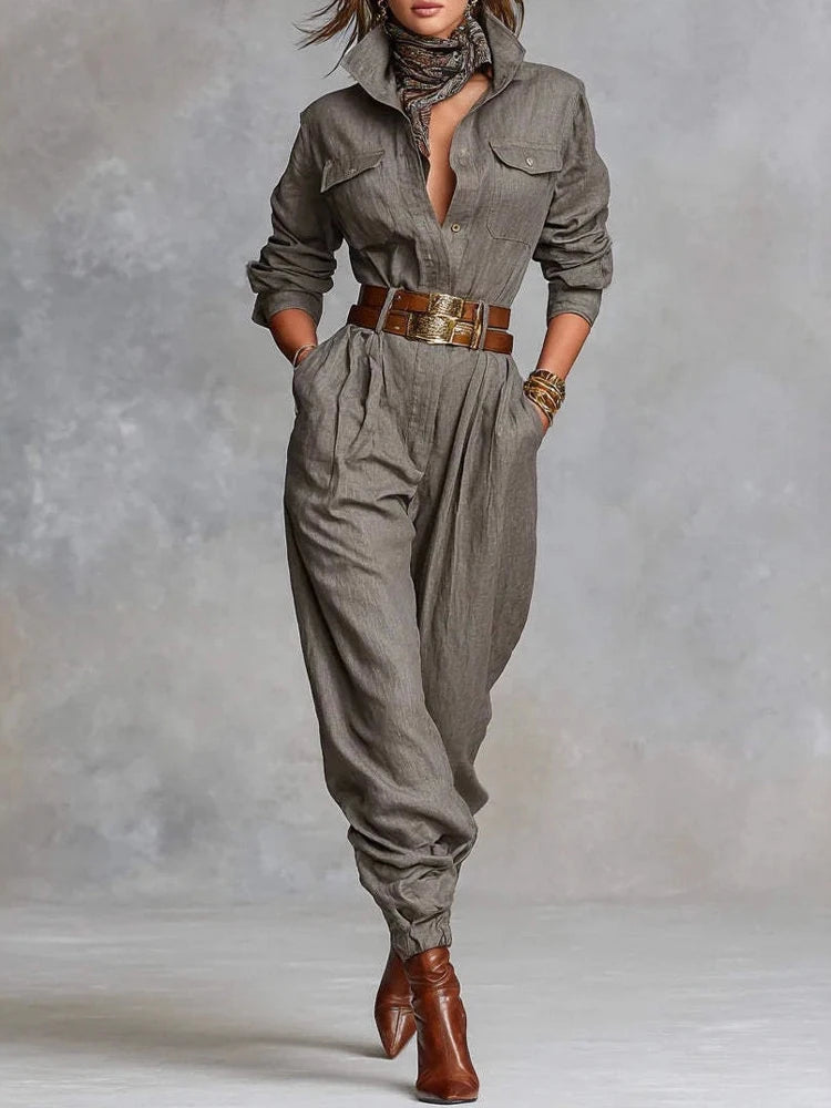 Fashion Lapel Collar Button Pocket Long Jumpsuit Women Casual Long Sleeve Solid Party Romper Elegant Street Loose Cargo Playsuit