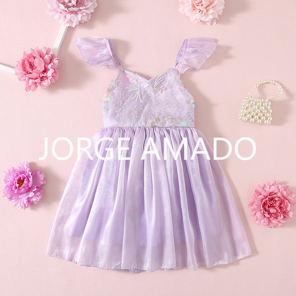 New Summer Sister Girl Matching Romper Dress Short Sling Sleeves Big Bow Bodysuit Sequined Princess Dresses Twins Clothing H1518