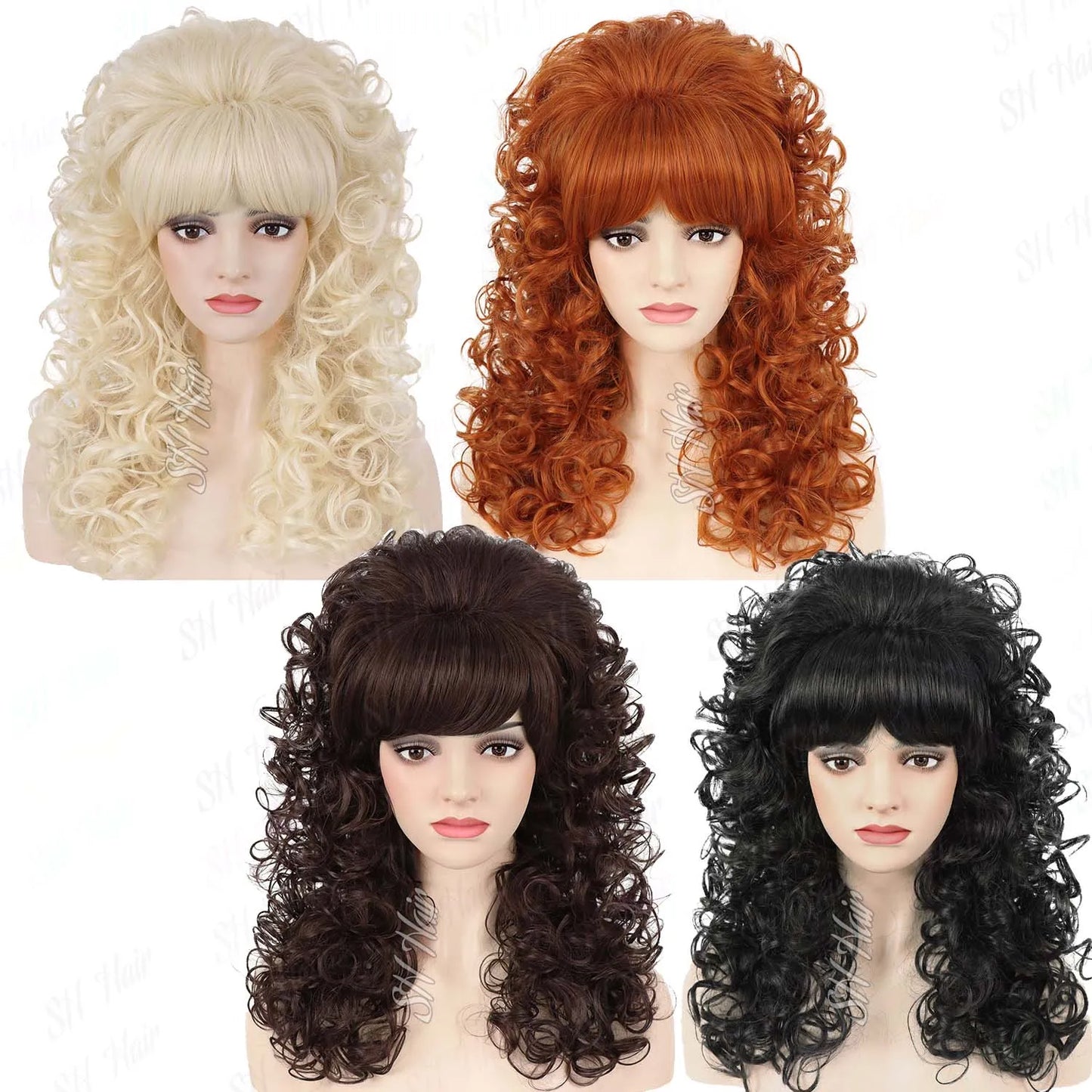 Synthetic 80s Vintage Big Beehive Wig for Women Retro Curly Wig with Bangs for 60s 70s Cosplay Halloween Party,Dolly Costume Wig