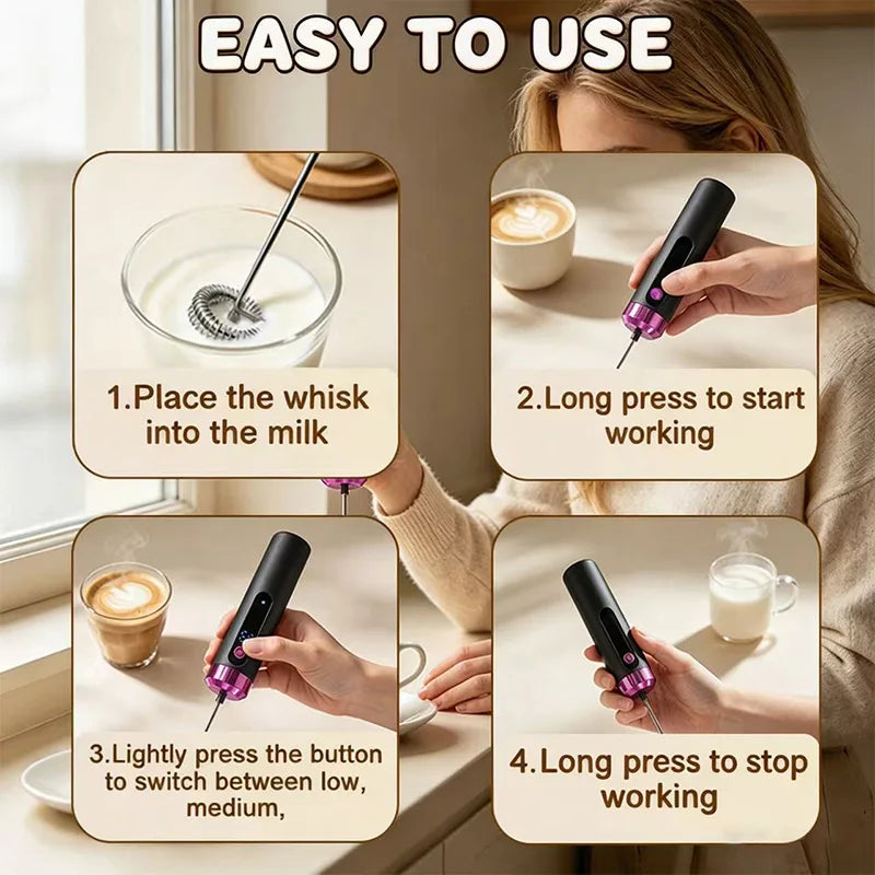 Electric Milk Frother USB Rechargeable Handheld 3 Speeds Coffee Foam Maker Cappuccino Frothing Wand Mixer for Kitchen Cafe Use