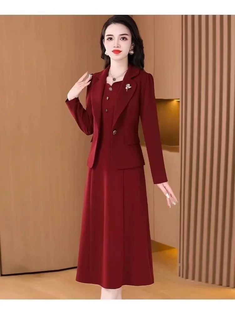 Elegant Slimming Autumn Winter Wedding Dress Set Long Ankle Length Cocktail Dresses with Suit Jacket for Wedding Banquet