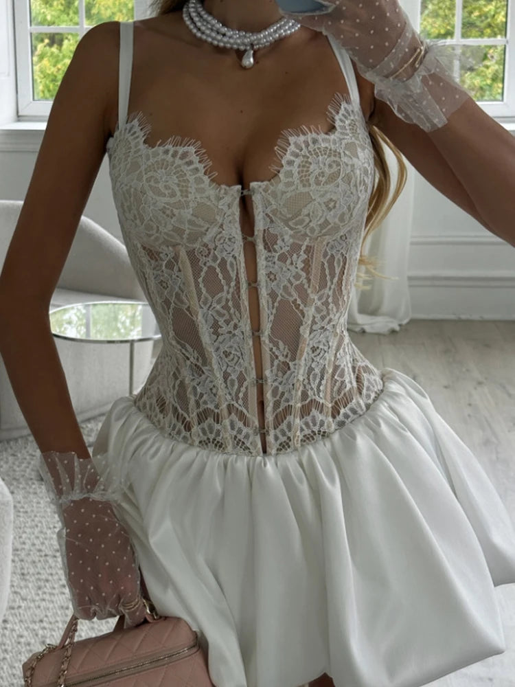 French Style Lace See-through Princess Dress Sexy Halter Sleeveless Hollow Out Cocktail Dress New Lady Solid Spliced ,Mini Dress