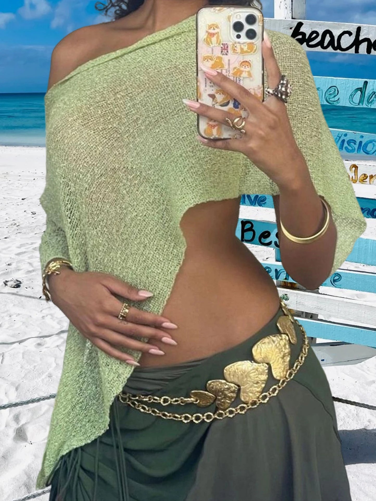 Summer Irregular Knitted Cover-ups Crop Tops Y2k Aesthetic Vintage Smocked T-shirt Boho Beach Vacation Going Out Pullovers Tees