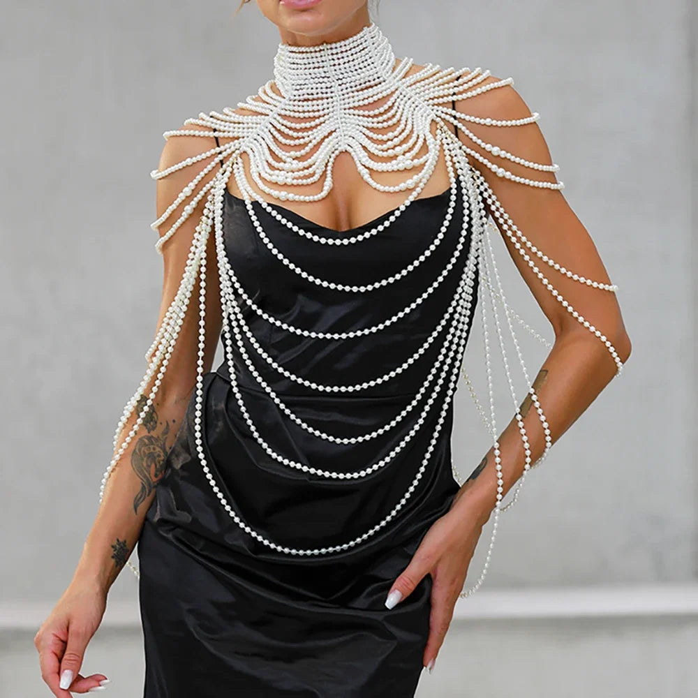 Sexy Pearl Body Chain For Women Necklaces Shawl Female Punk Style Beaded Collar Shoulder Sweater  Long Chain Bridal Body Jewelry