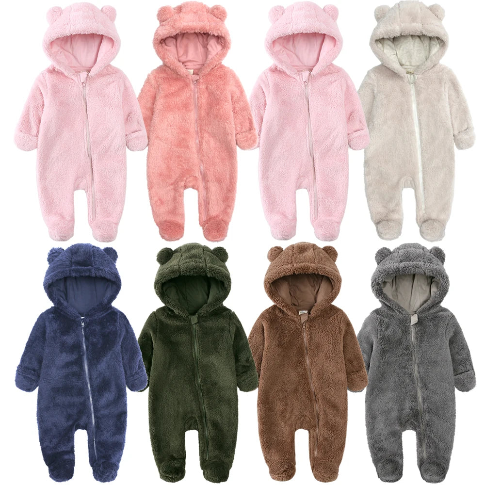 0-12months Baby Winter Clothes Newborn Rompers Infant Polar Fleece Jumpsuit Baby Boys Girl Zipper Cute Bear Romper
