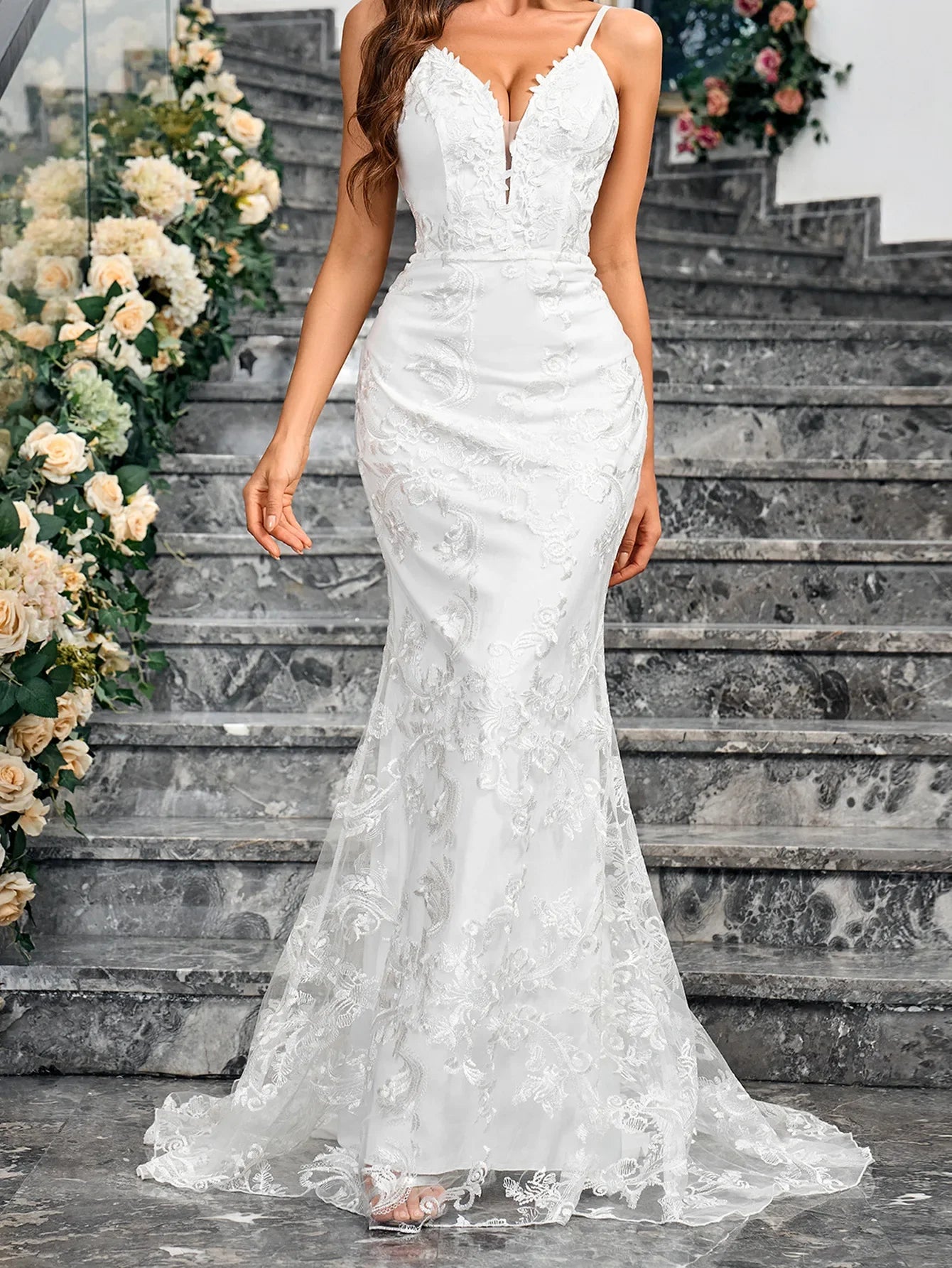 Sexy Cross-Border Slim Fit Bodycon Wedding Dress with Train for Bridal Showers And Parties V-Neck Ankle-Length Evening Gown