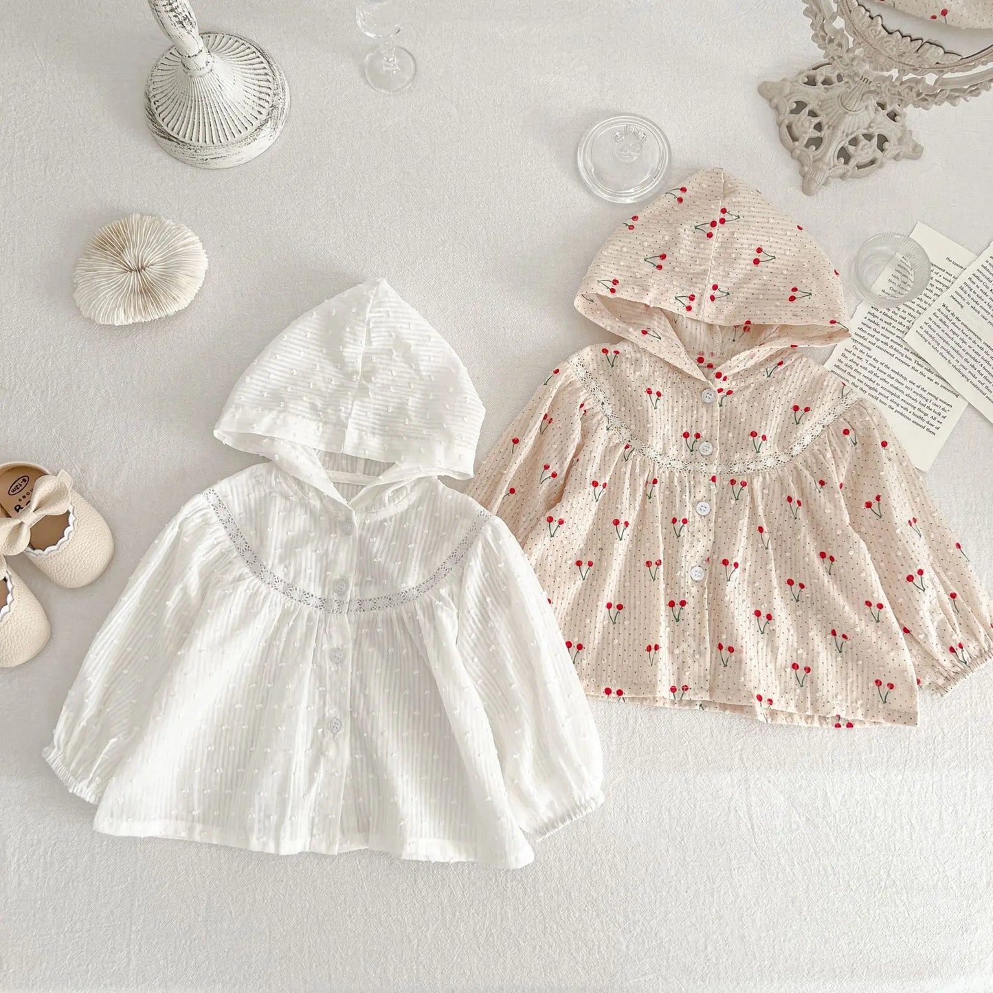 Summer Newborn Infant Baby Girls Thin Sun Protection Clothing Cherry Printing Hooded Coat Ventilate Jacket Kids  Baby Clothing