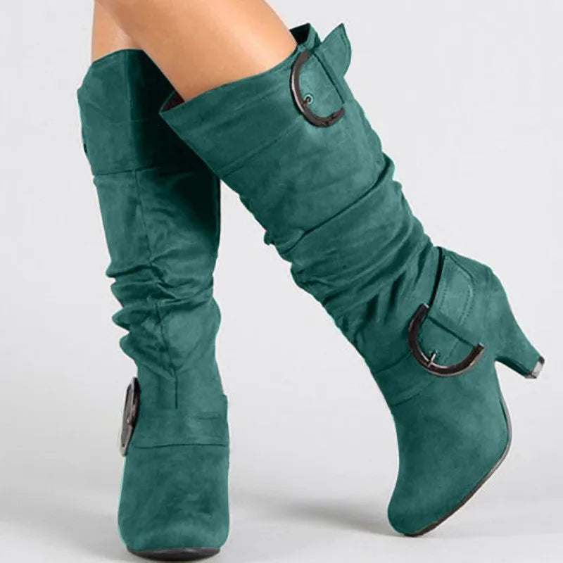 Women's Boots Mid Calf New Fashionable Bohemian Boots Square Heel European and American Belt Buckle Metal Decoration Women Shoes
