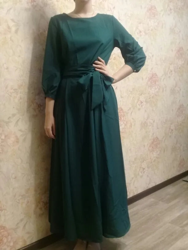 Bohemian Long Summer Dress Casual Lantern Sleeve round Neck Dress Polyester Fiber Mid Waist Print Patchwork Urban Casual Style