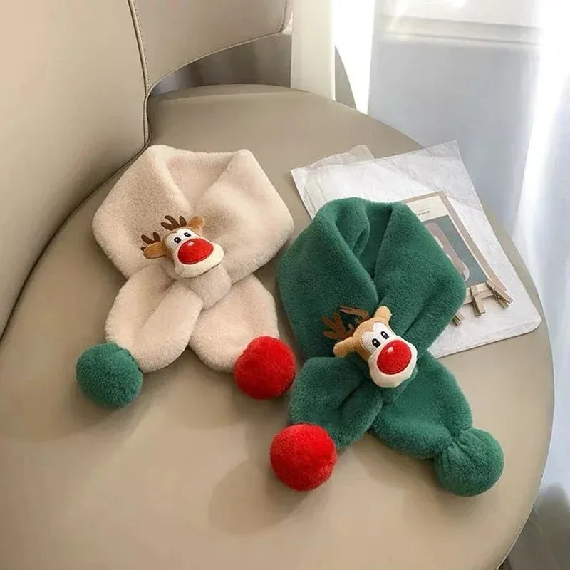 Plush animal scarf with cute fur ball deer design soft and warm accessory for Children for winter outdoor and Christmas gift use