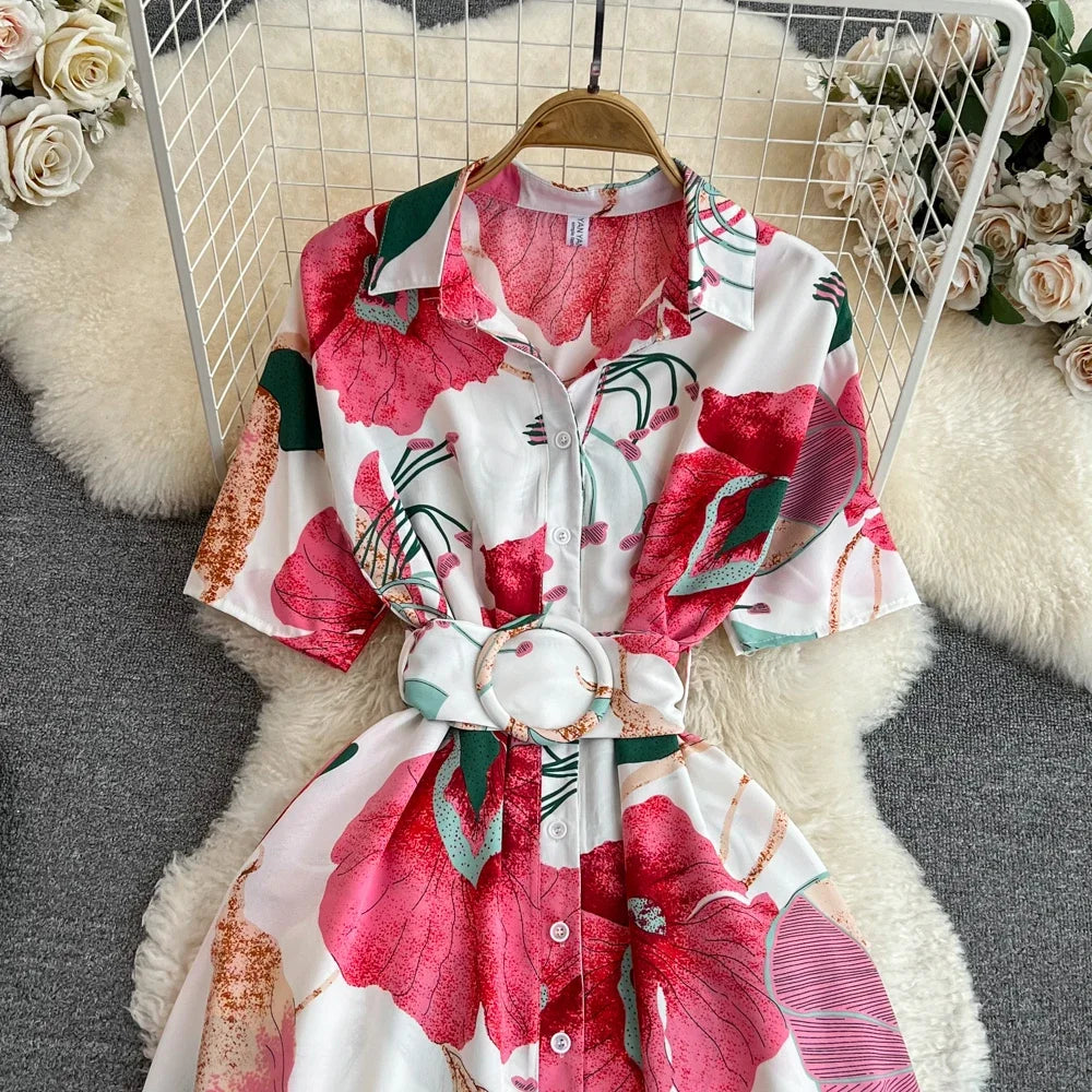 2024 New Summer Women Dress Fashion Print Floral A-line Shirt Dress with Belt Elegant Vintage Off Lady Dress Casual Vestidos