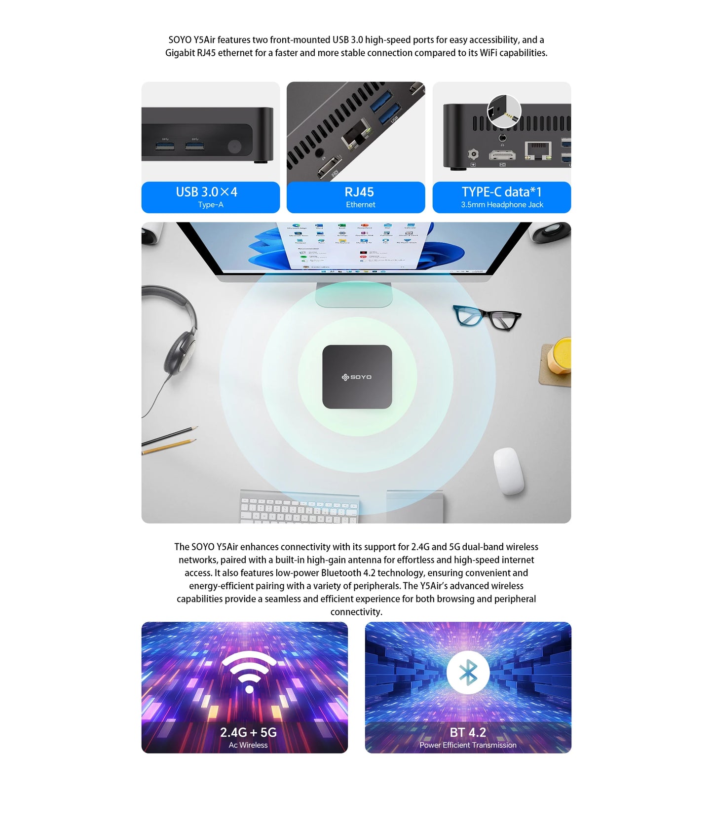 SOYO Mini PC Y5 Air Intel i5 4th CPU with 8GB RAM 128GB M.2 SSD  Mini Desktop Computer Dual 4K Display, WiFi 5, BT4.2, USB-C