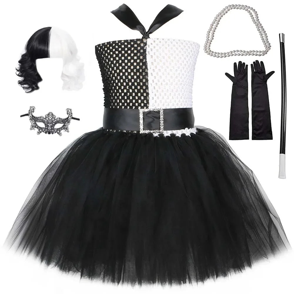Halloween Crulla Cosplay Costume Cruella Tulle Dress Party Girls Black White Carnival Kids Cruella Wig Lace Mask Suit Clothes