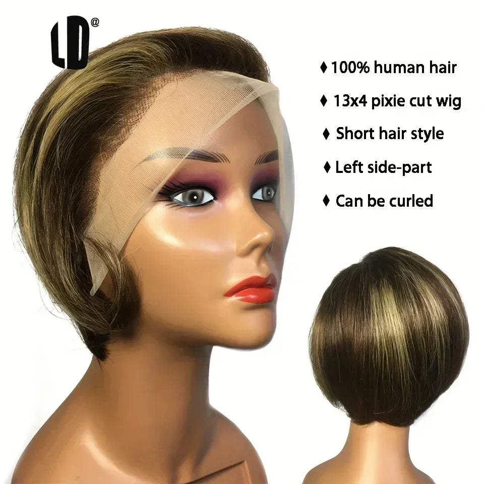 13x4 Lace Front Pixie Cut Bob Wig Highlight Honey Blonde Ombre Brazilian Remy Human Hair Pre‑Plucked Natural Hairline Soft