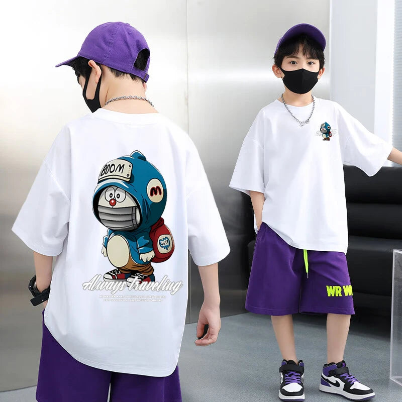 Summer 100% Cotton Boys Blue T-shirt Cool Graffiti Printed Girls Tees Short Sleeve Children Tops High Quality Kids Clothes 2024