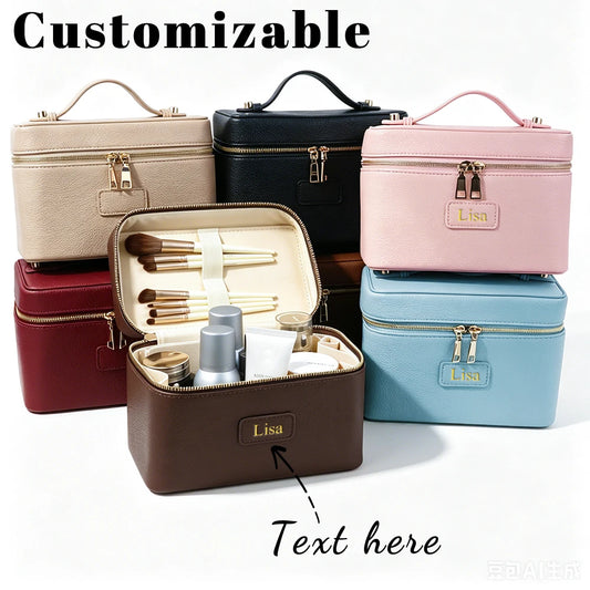 Customized name PU leather makeup bag with compartmentalized storage design, large capacity, and includes a makeup bag.