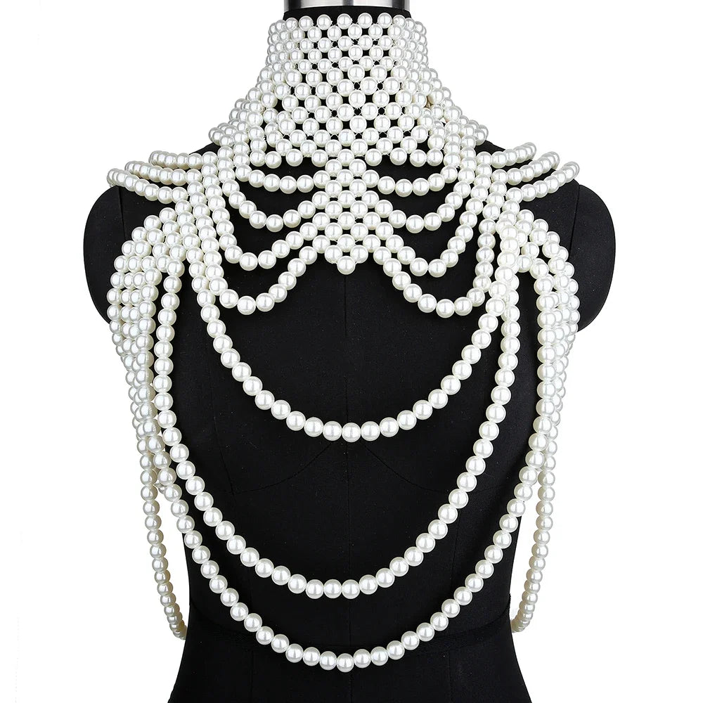 Sexy Pearl Body Chain For Women Necklaces Shawl Female Punk Style Beaded Collar Shoulder Sweater  Long Chain Bridal Body Jewelry
