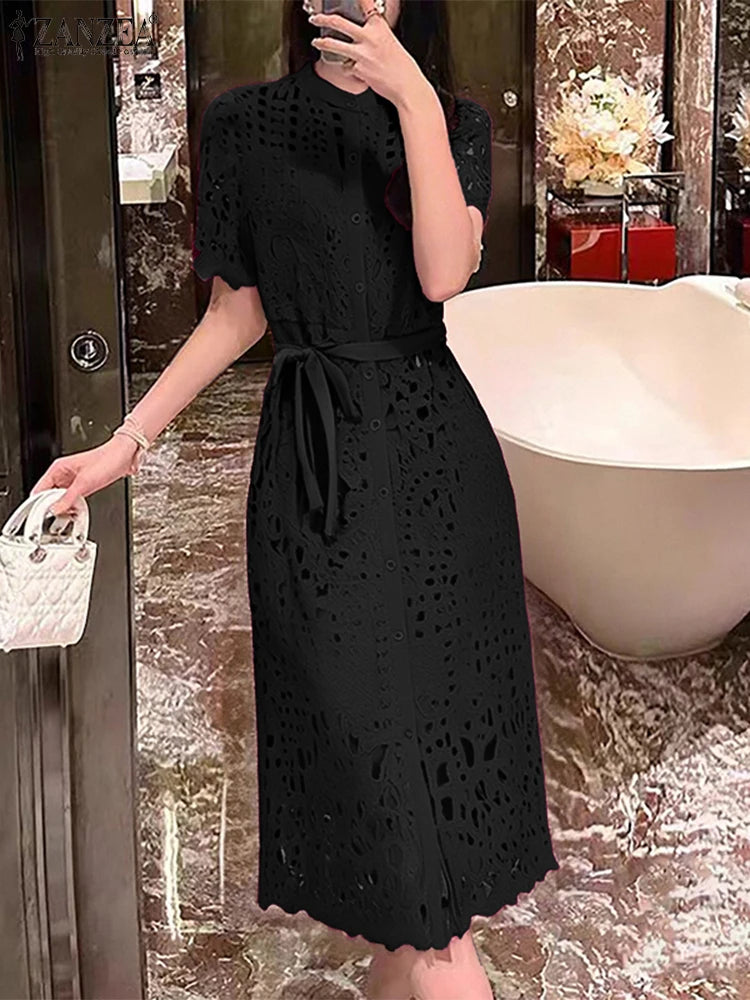 ZANZEA Elegant Lace Sundress Women Vintage Lace-Up Office Dress 2025 Summer Solid Hollow Out Vestidos A-Line CasualRobe Femme