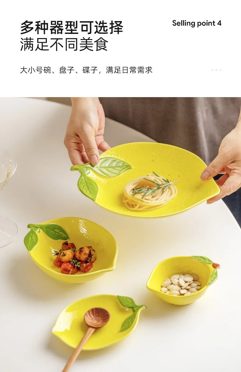 Creative Cartoon Lemon Shaped Ceramic Salad Bowl Soup Bowl Family Fruit Snack Plate Kitchen Utensils Accessories
