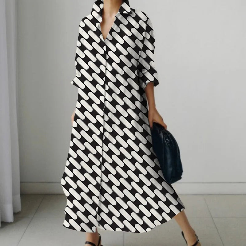 Women's Shirt Dress 2023 Trendy Patchwork Vintage Spot Print Shirt Fall Out Office Dress Loose Casual Lapel Pocket S-5Xl
