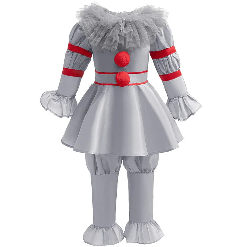 Halloween Costume Girl	Scary Clown Cosplay Costume Long Sleeve Dress+Pants 2pcs Sets For Children Carnival Pennywise Costume