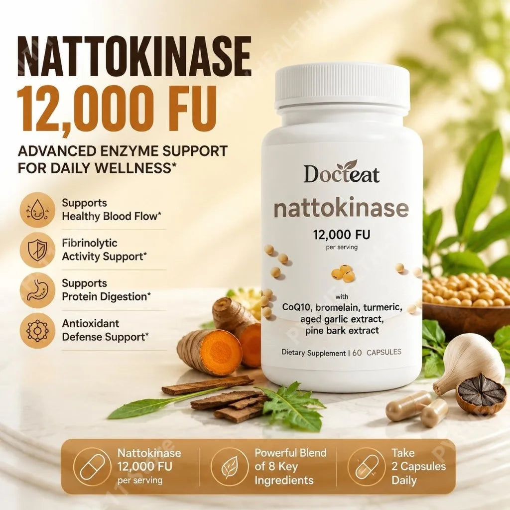 Docteat Nattokinase 12000 FU with CoQ10 Bromelain Turmeric Supports Healthy Blood Flow and Antioxidant Defense 60 Capsules