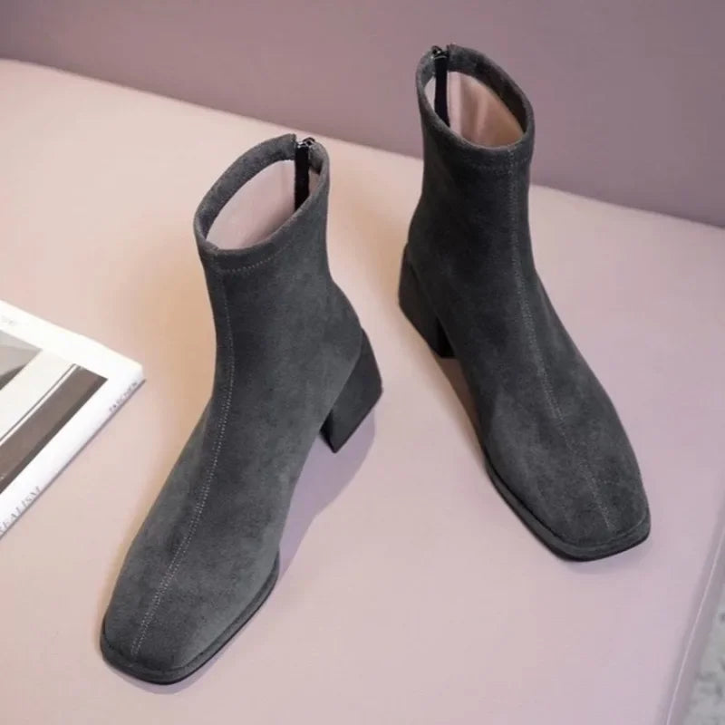 2023 Autumn/Winter New Square Headed Suede Short Boots Women's Boot with Thick Heels and Mid Heel Single Boots
