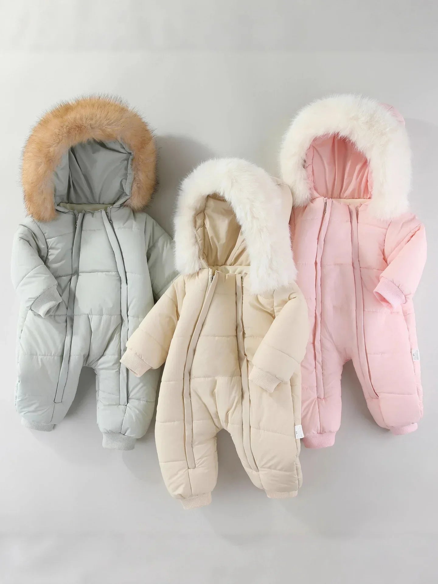 Newborn Baby Winter Snowsuit Furry Hooded Double Zipper Boys Girls Cotton Padded Jumpsuit 0-2Y Kids Warm Outwear Romper