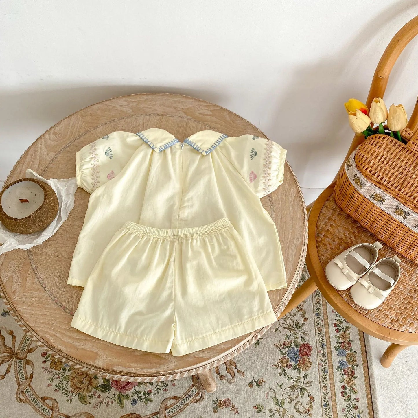 New summer baby clothing, set of 2 pieces for 0-3 year old girls with flower embroidered lapel short sleeved top and thin shorts