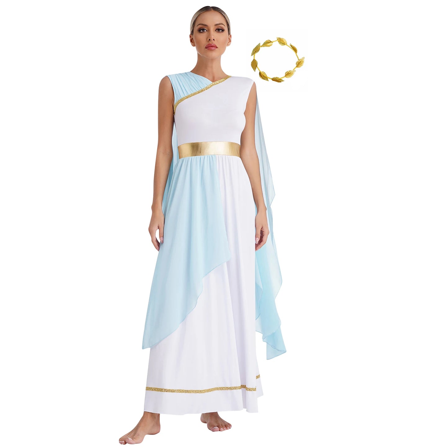 Womens Halloween Greek Beauty Carnival Cosplay Party Costumes Gold Leaves Garland Headwear And Cap Sleeve Ancient Toga Dress